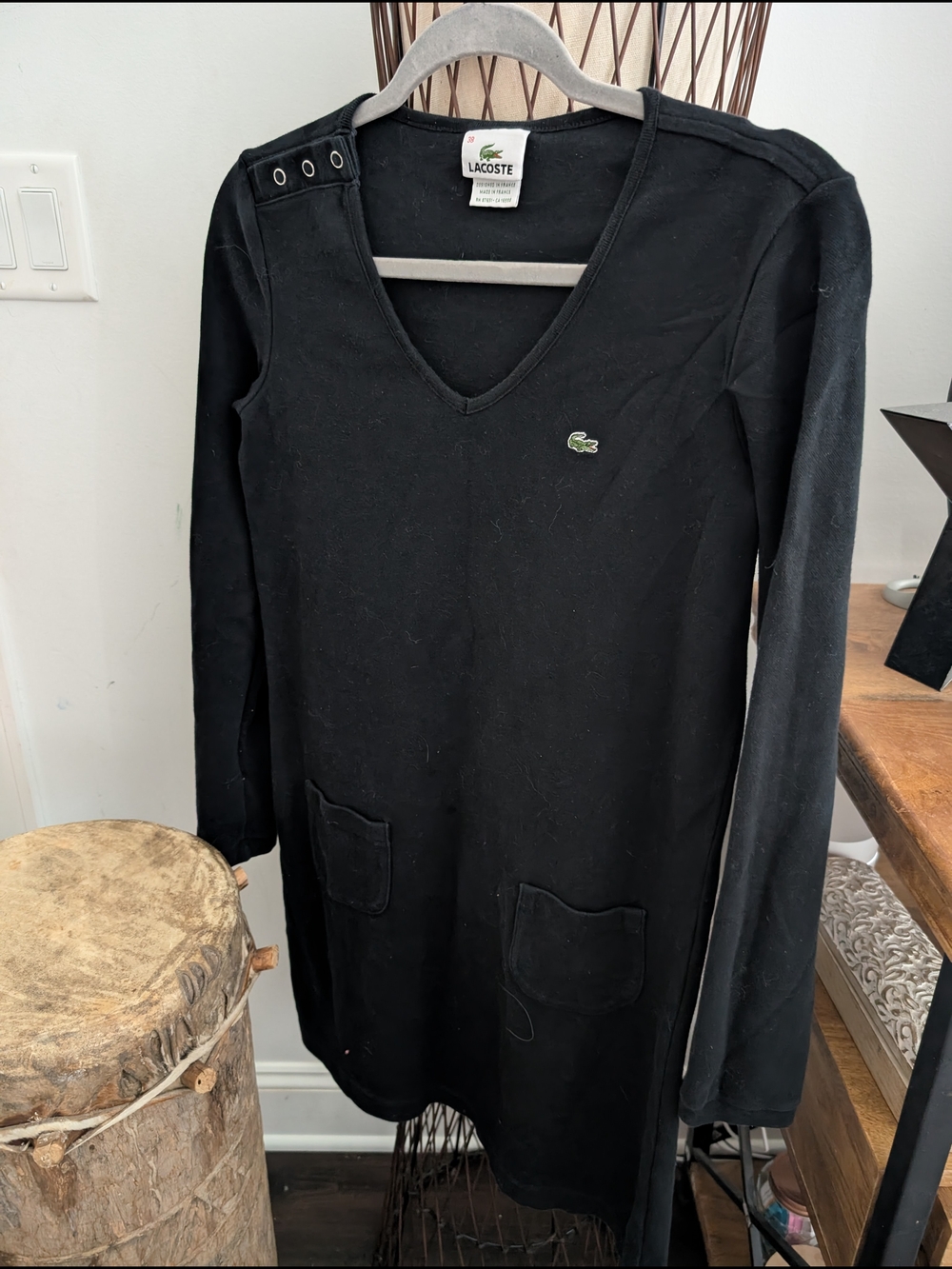 Lacoste Blue V-Neck Long Sleeve Dress W Front Pockets Size 38 (Small)